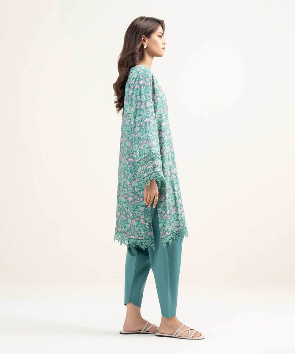 Women's RTW Arabic Lawn Printed Green Straight Shirt