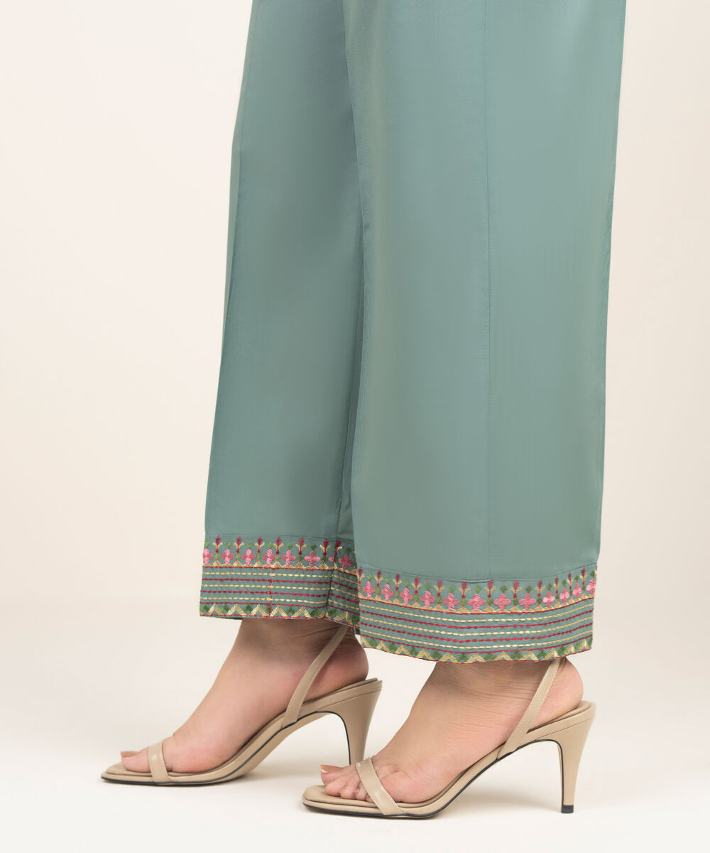 Women's RTW Lawn Embroidered Sage Green Straight Pants