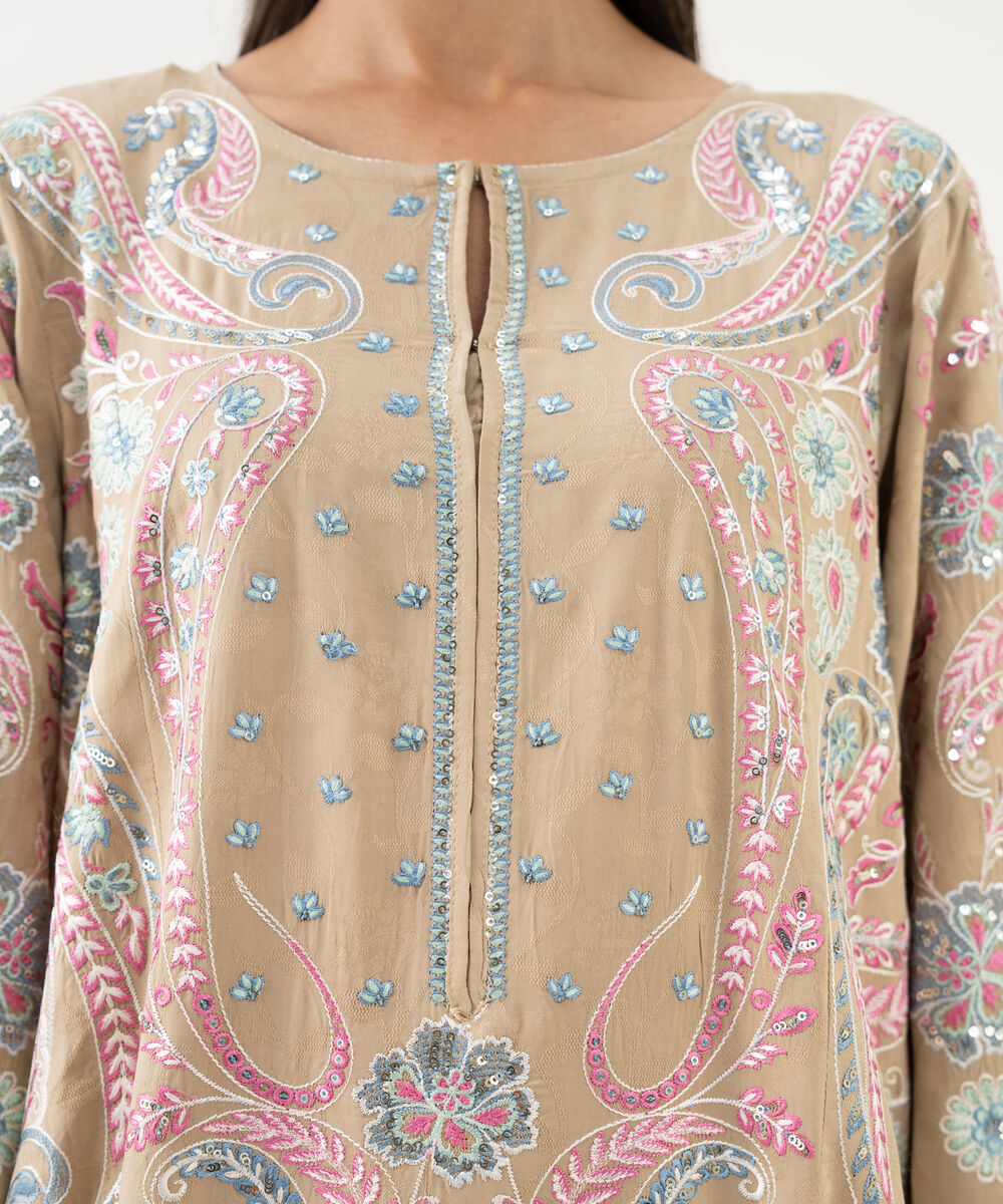 Women's RTW Textured Viscose Embroidered A-Line Beige Shirt