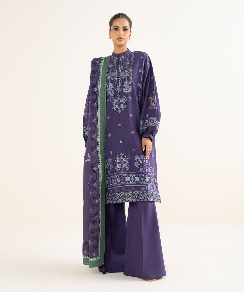 Women's Unstitched Dobby Embroidered Purple 3 Piece Suit