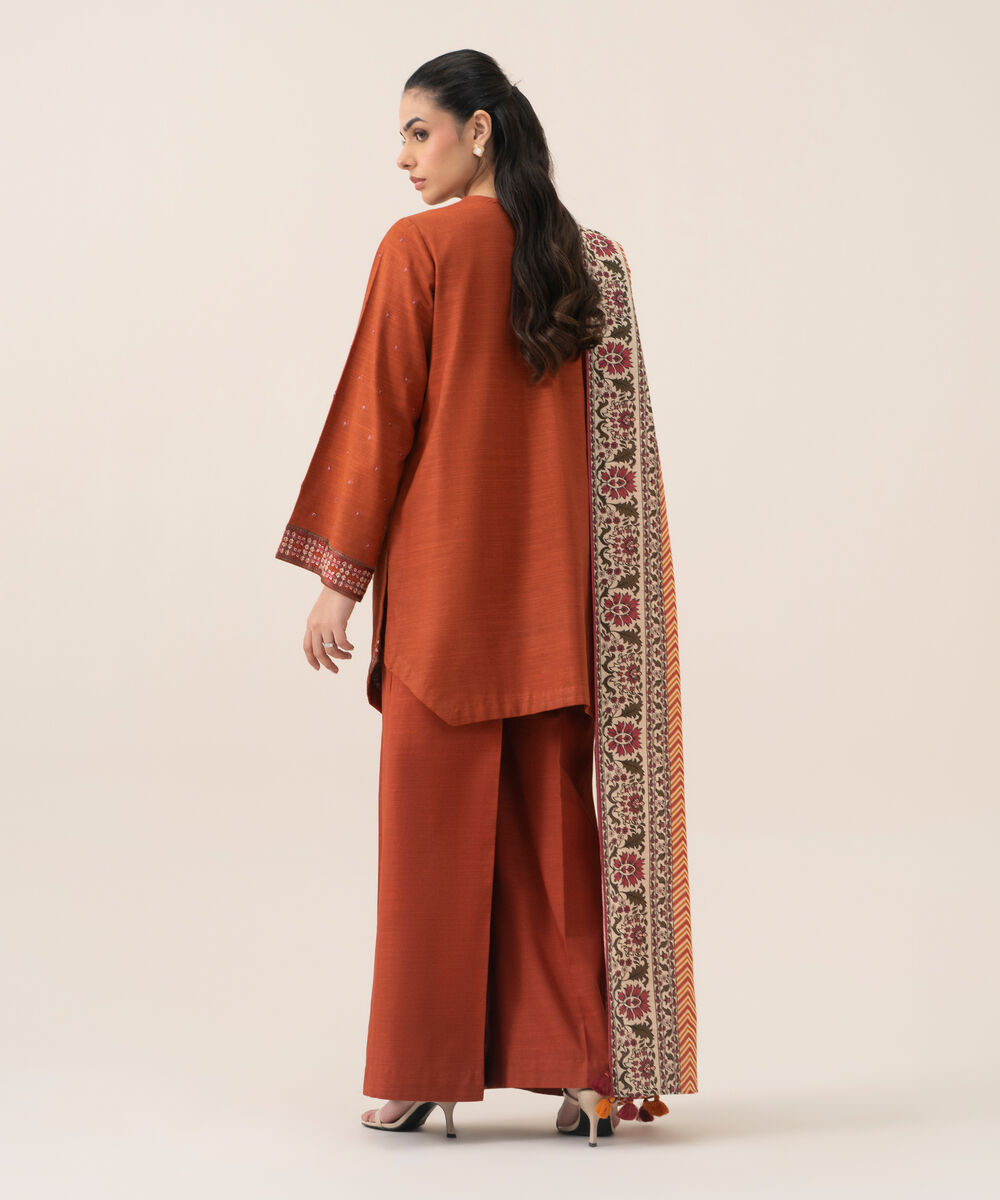 Women's Unstitched Basic Khaddar Embroidered Burnt Orange 3 Piece Suit