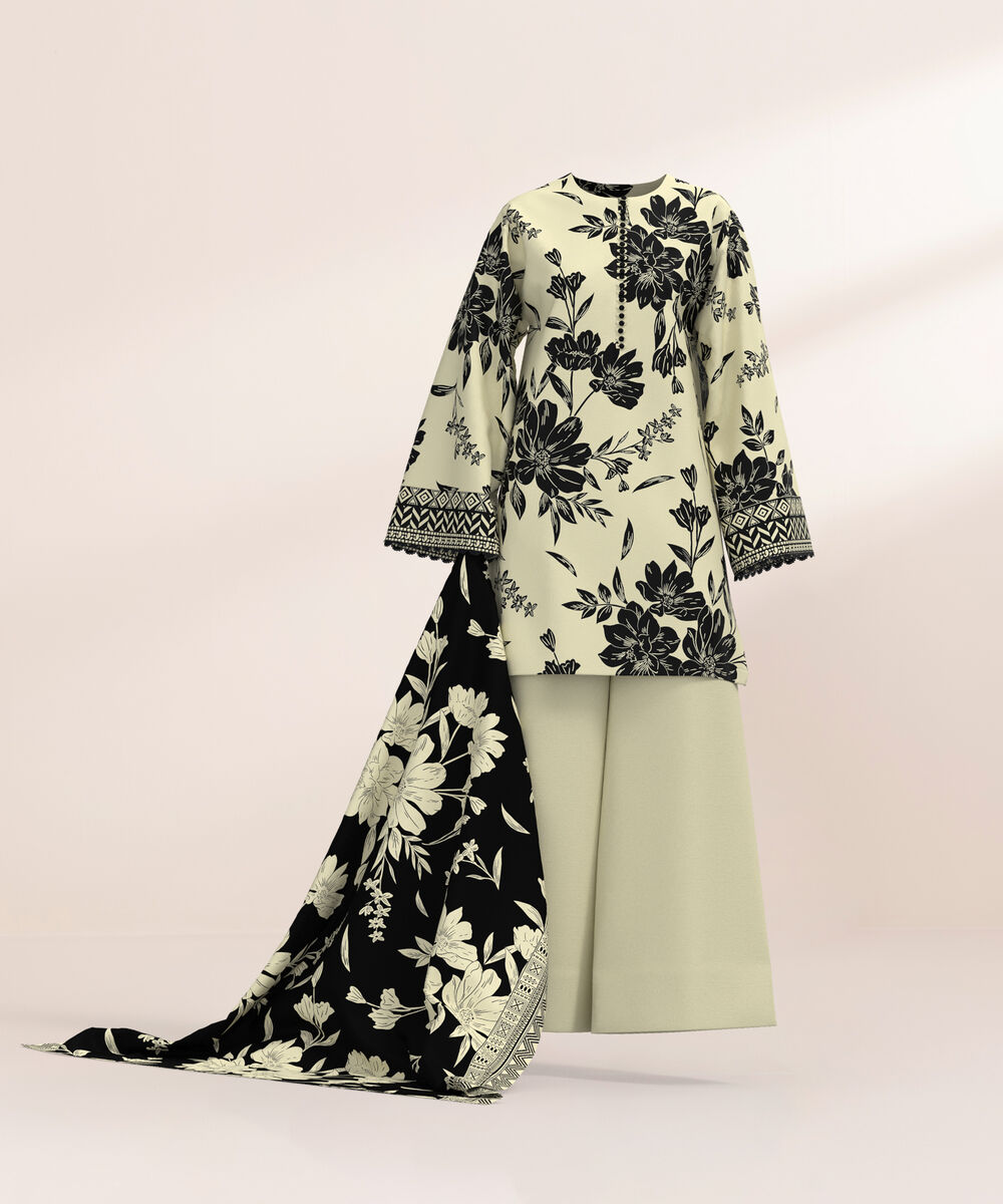 Women's Three Piece Printed Black and Off white Lawn Suit