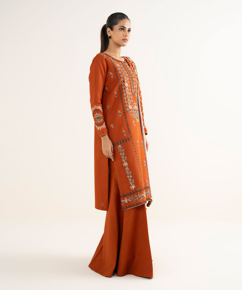 Women's Unstitched Textured Cotton Embroidered Orange 3 Piece Suit