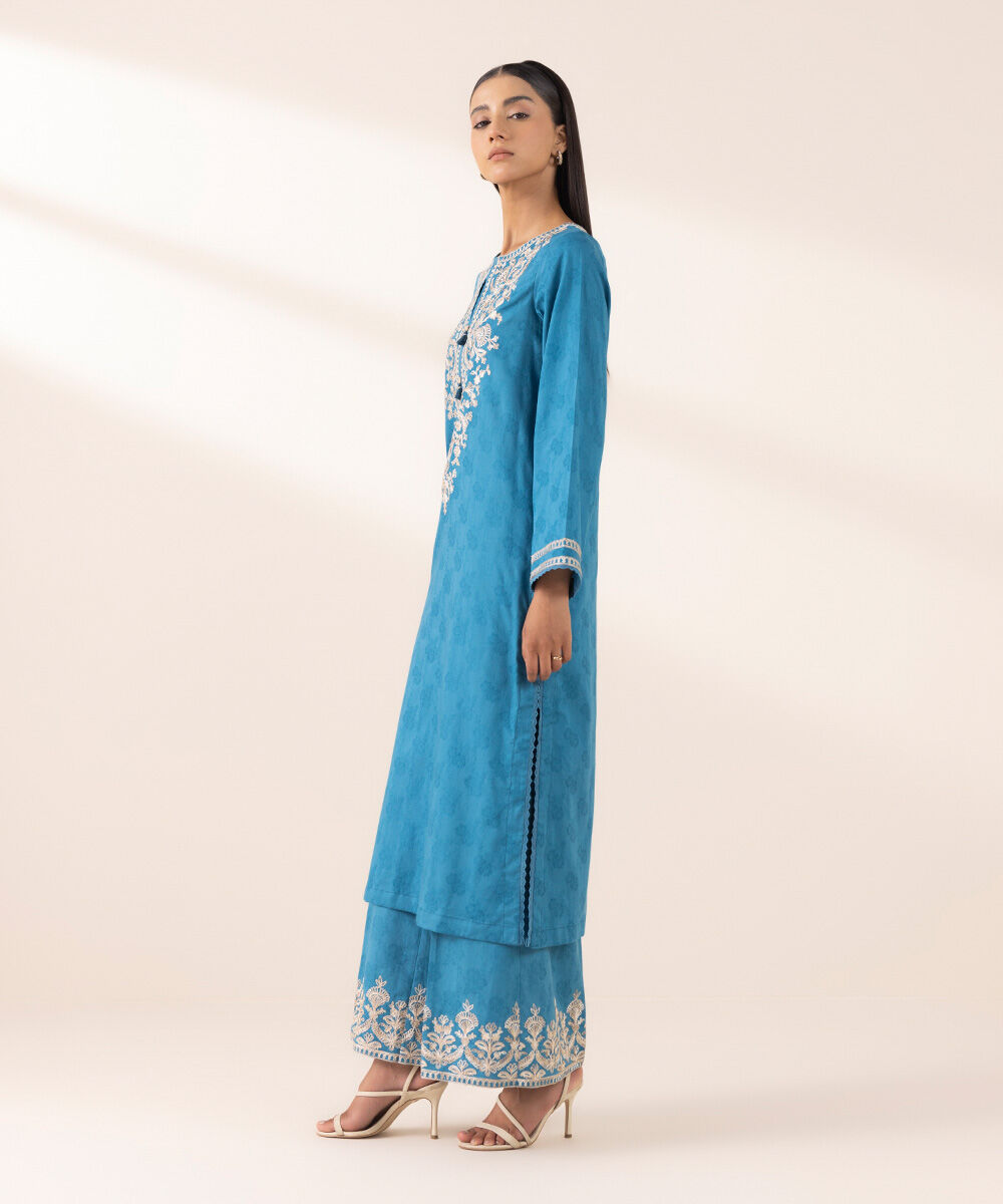 Women's Pret Yarn Dyed Blue Embroidered A-Line Shirt