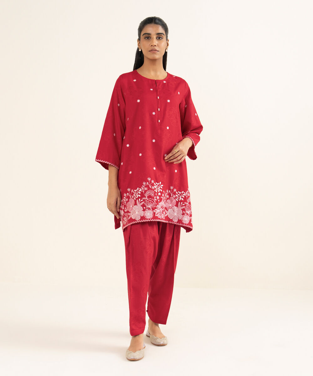 Women's RTW Jacquard Embroidered Red Straight Shirt