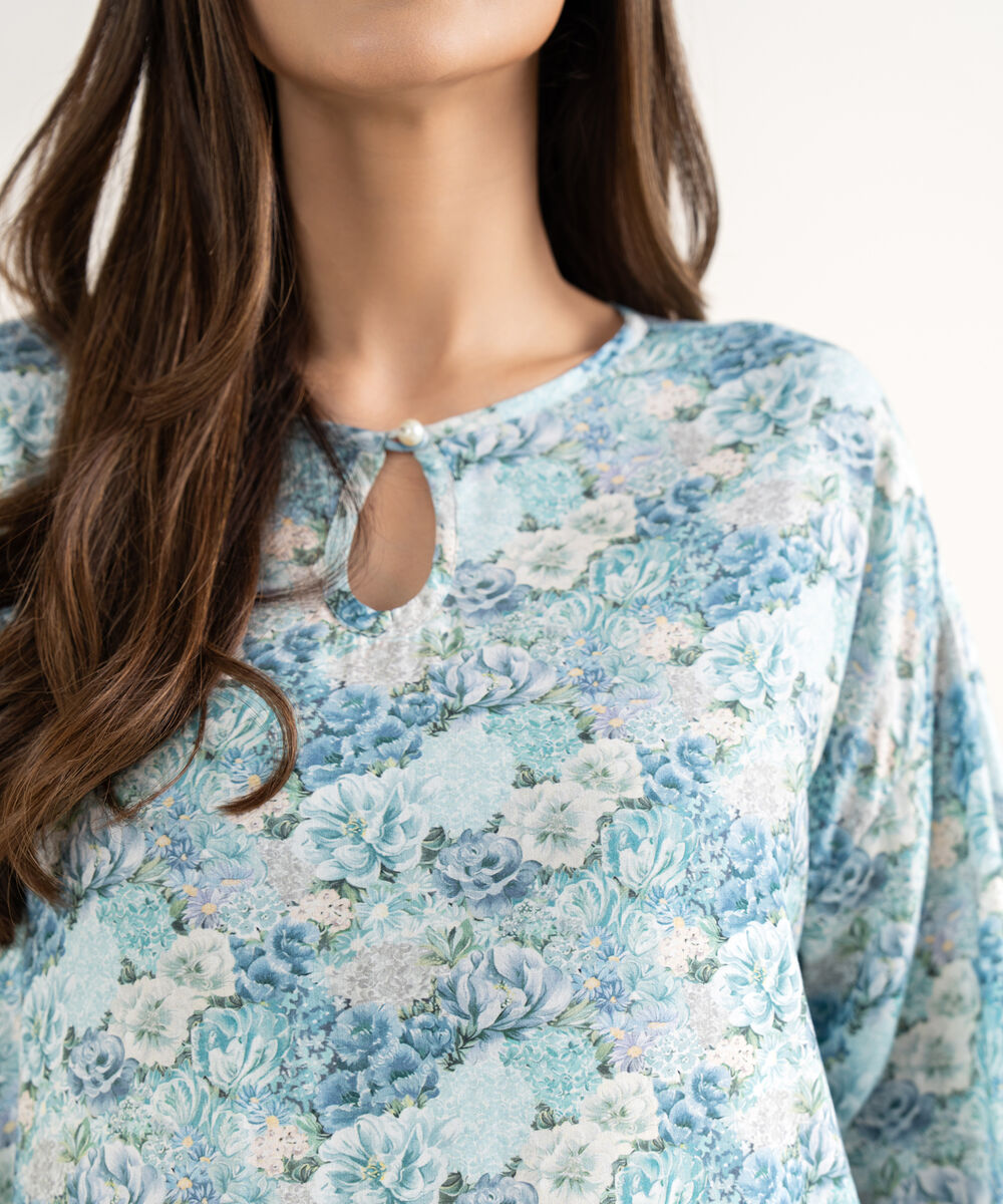 Women's RTW Arabic Lawn Blue Printed Straight Shirt