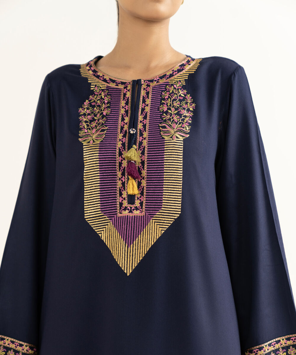 Women's RTW Bedford  Embroidered Blue Straight Shirt