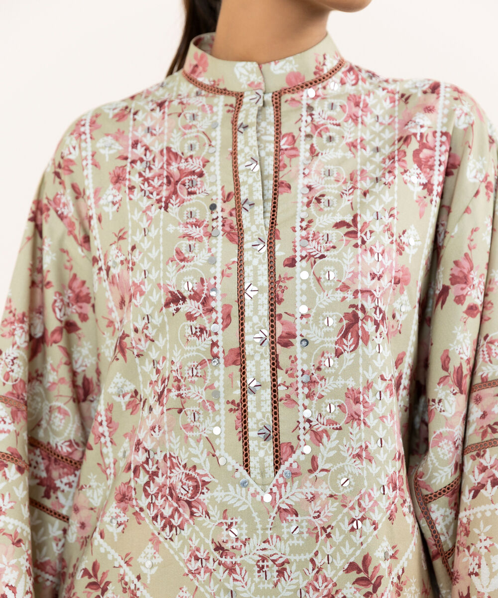 Women's Unstitched Cotton Viscose Embroidered Beige 3 Piece Suit