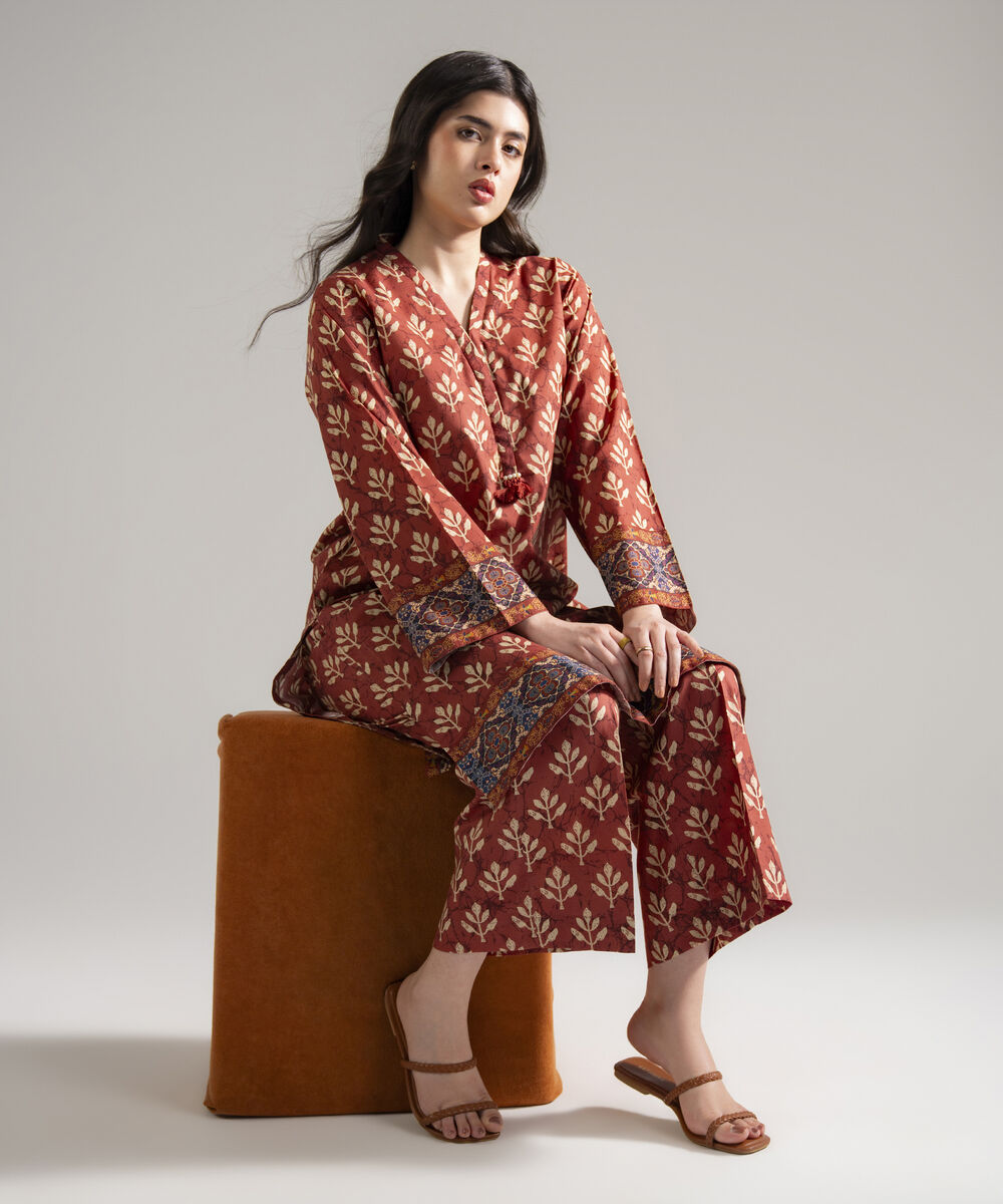 Women's RTW Lawn Printed Rust 2 Piece Suit