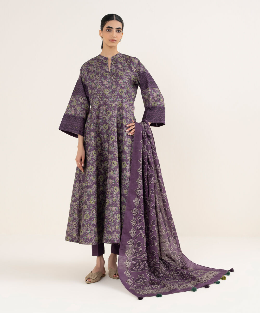 Women's Unstitched Printed Dobby Purple 3 Piece Suit