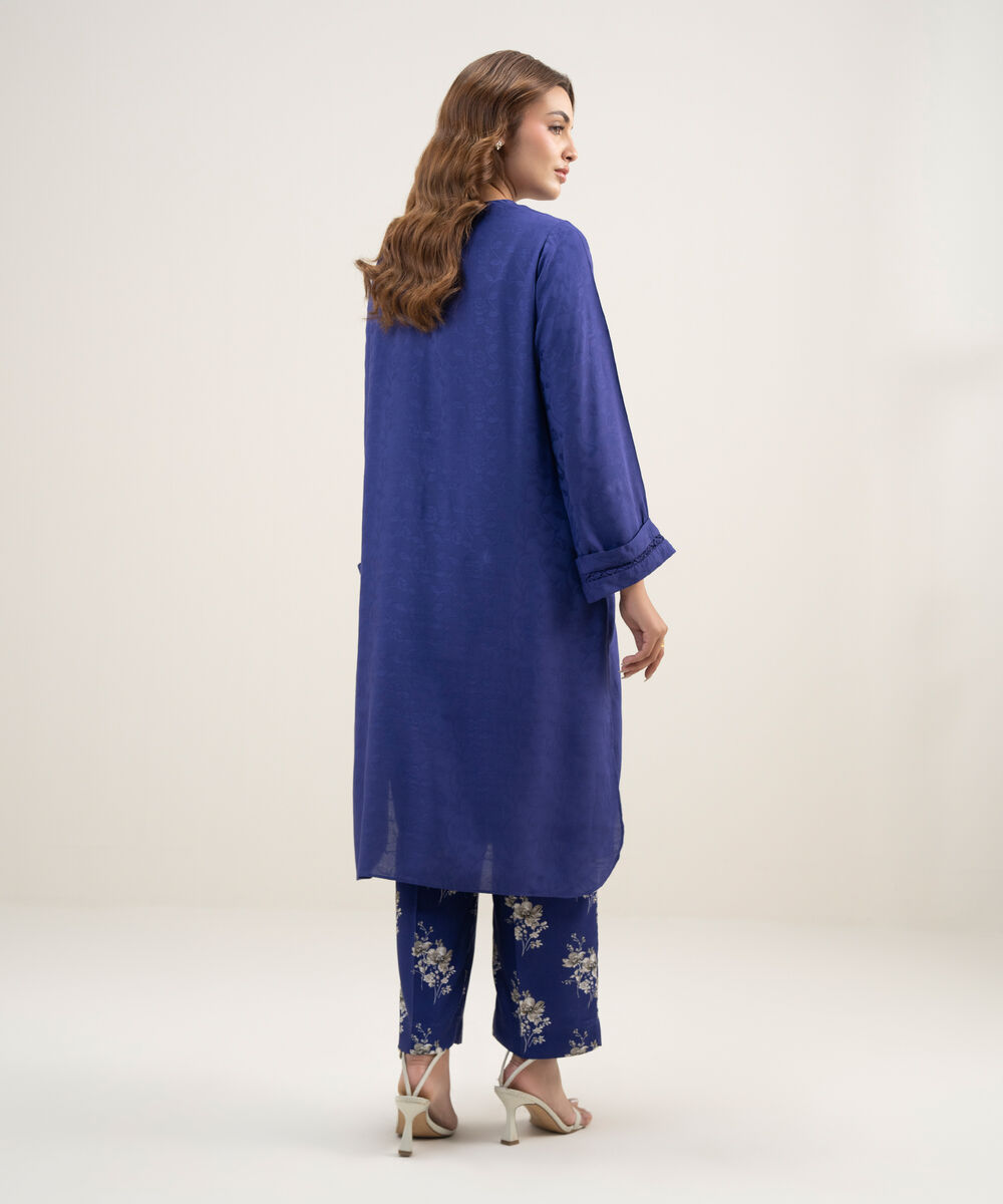 Women's RTW Arabic Self Jacquard Solid Dark Blue Straight Shirt