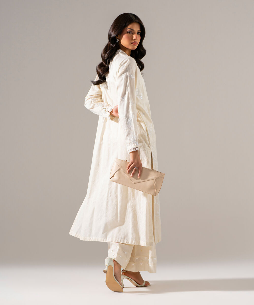 Women's RTW Self Jacquard Solid Embroidered Off White 2 Piece Suit