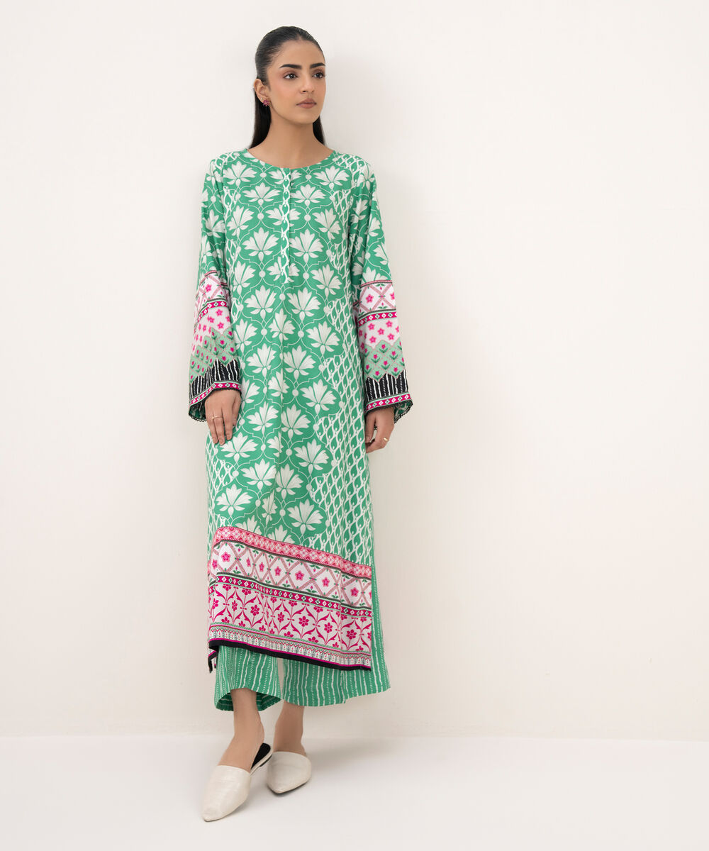 Women's RTW Viscose Linen Printed Straight Green Shirt