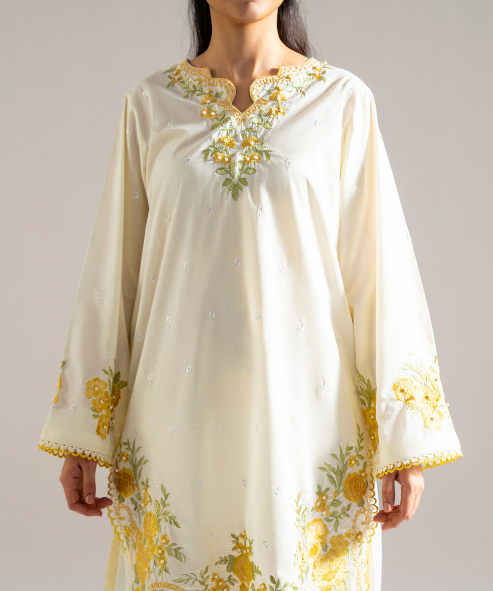 Women's RTW Lawn Embroidered Off White 2 Piece Suit
