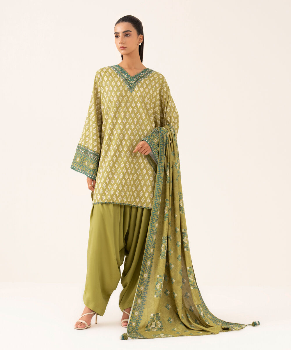 Women's Unstitched Linen Embroidered Green 3 Piece Suit