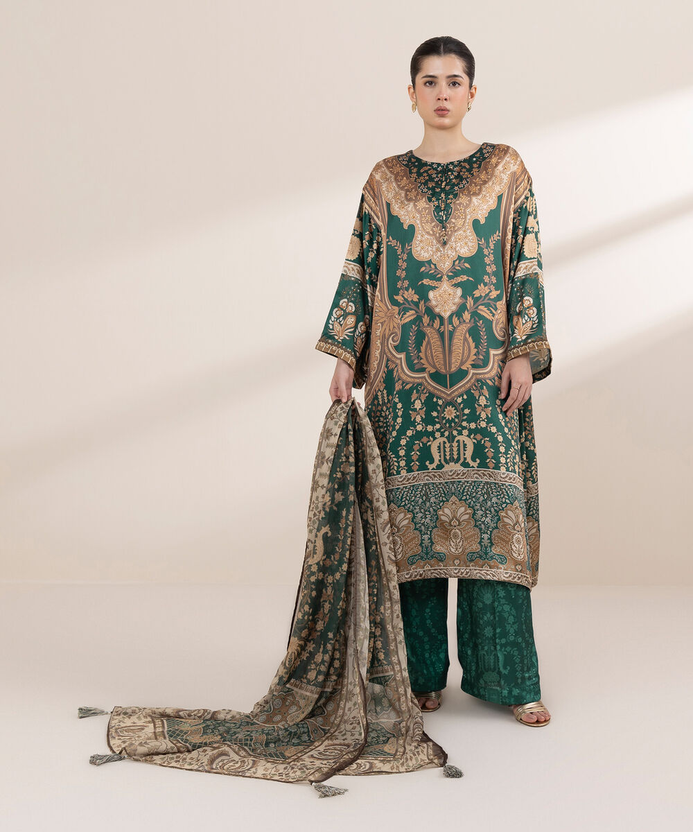 Women's RTW Blended Grip Green Printed Three Piece Suit