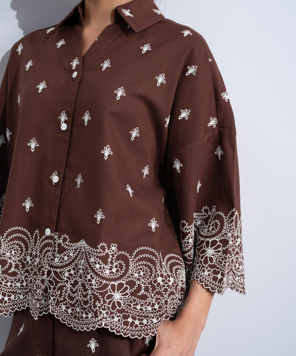Women's Western Brown Embroidered V-Neck Top