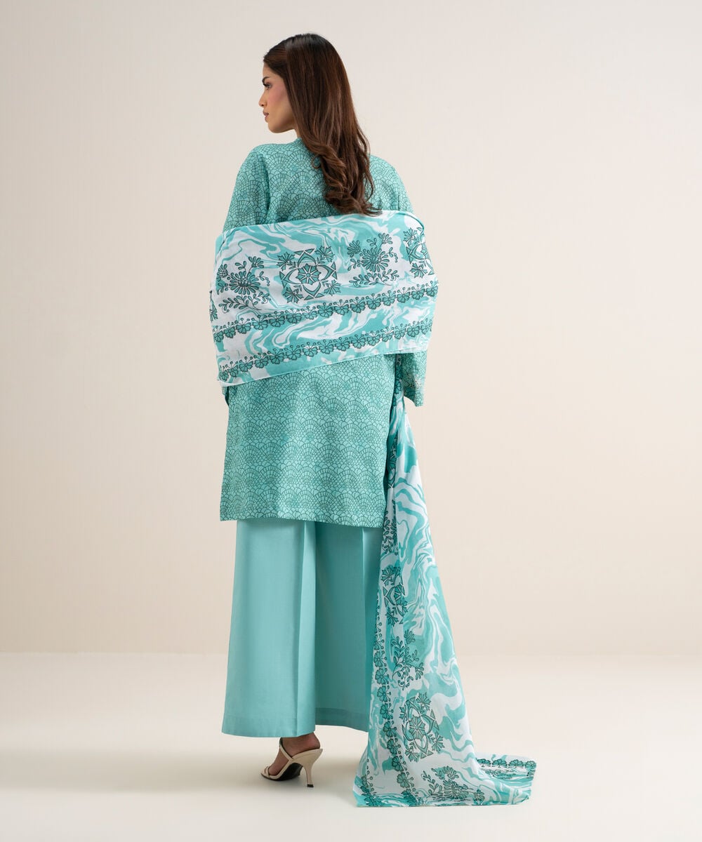 Women's Unstitched Lawn Embroidered Green and White 3 Piece Suit