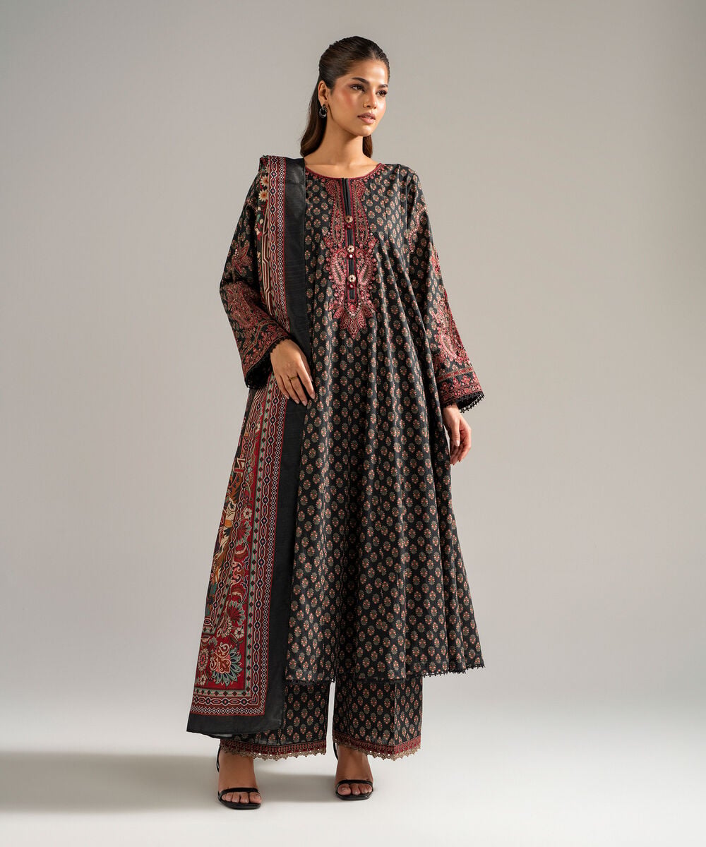Women's RTW Dobby Embroidered Black 3 Piece Suit