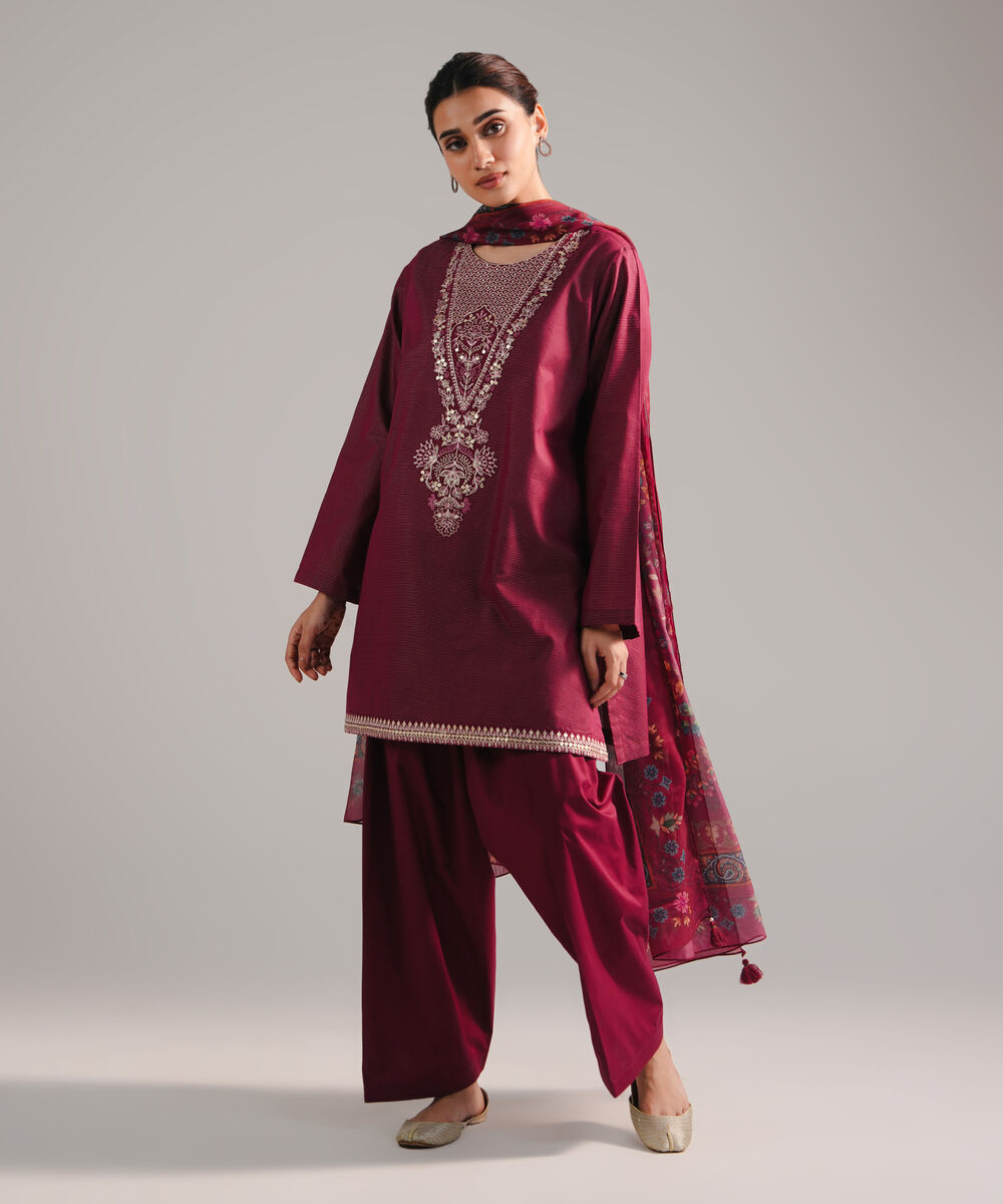 Women's RTW Zari Lawn Embroidered Plum 3 Piece Suit