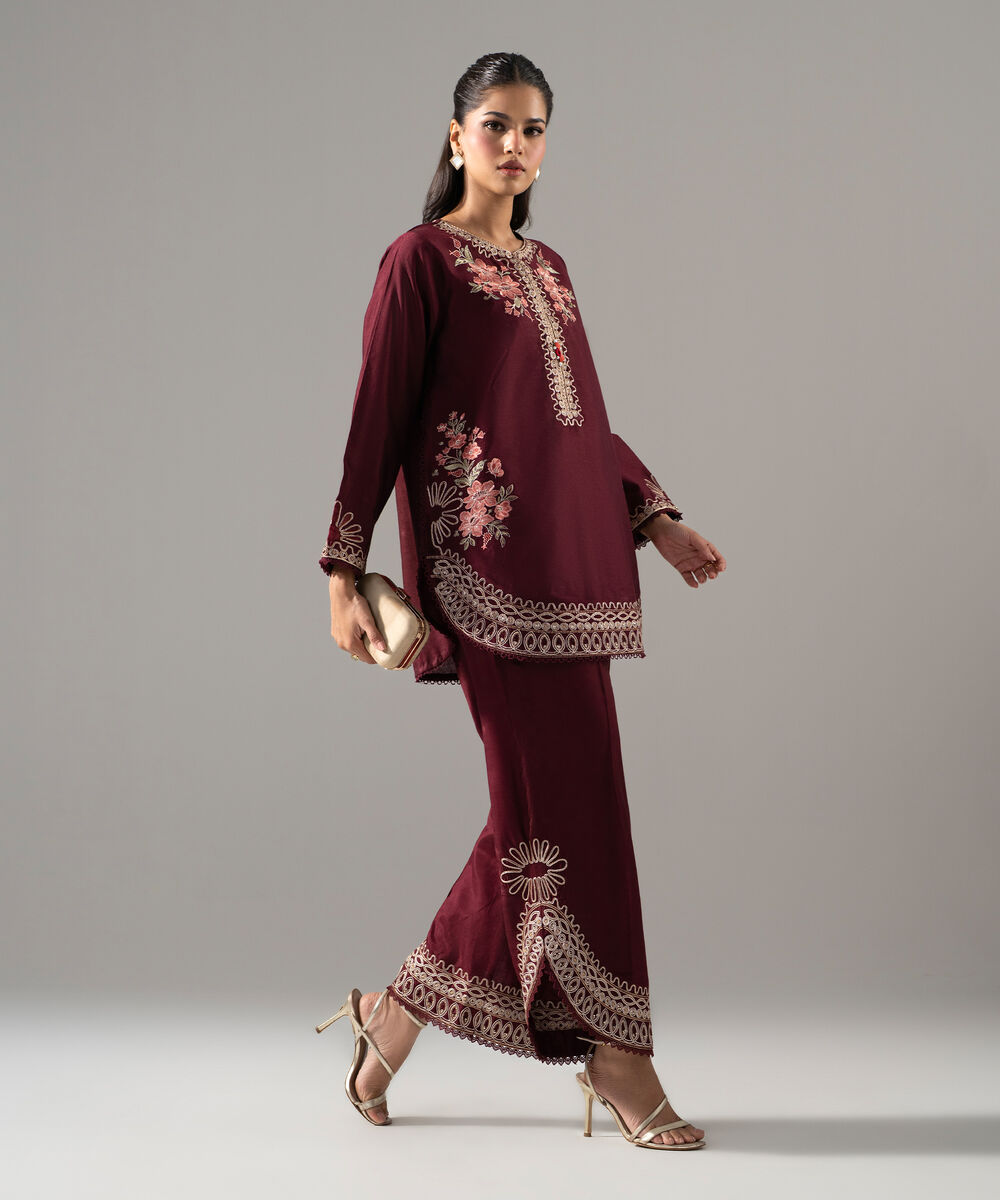 Women's RTW Cotton Net Solid Embroidered Maroon 2 Piece Suit