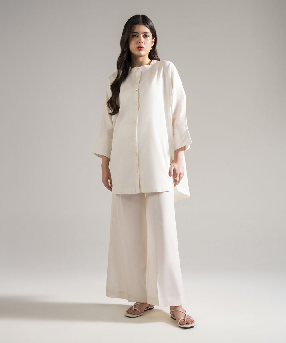 Women's RTW Cotton Linen Solid Off White 2 Piece Suit