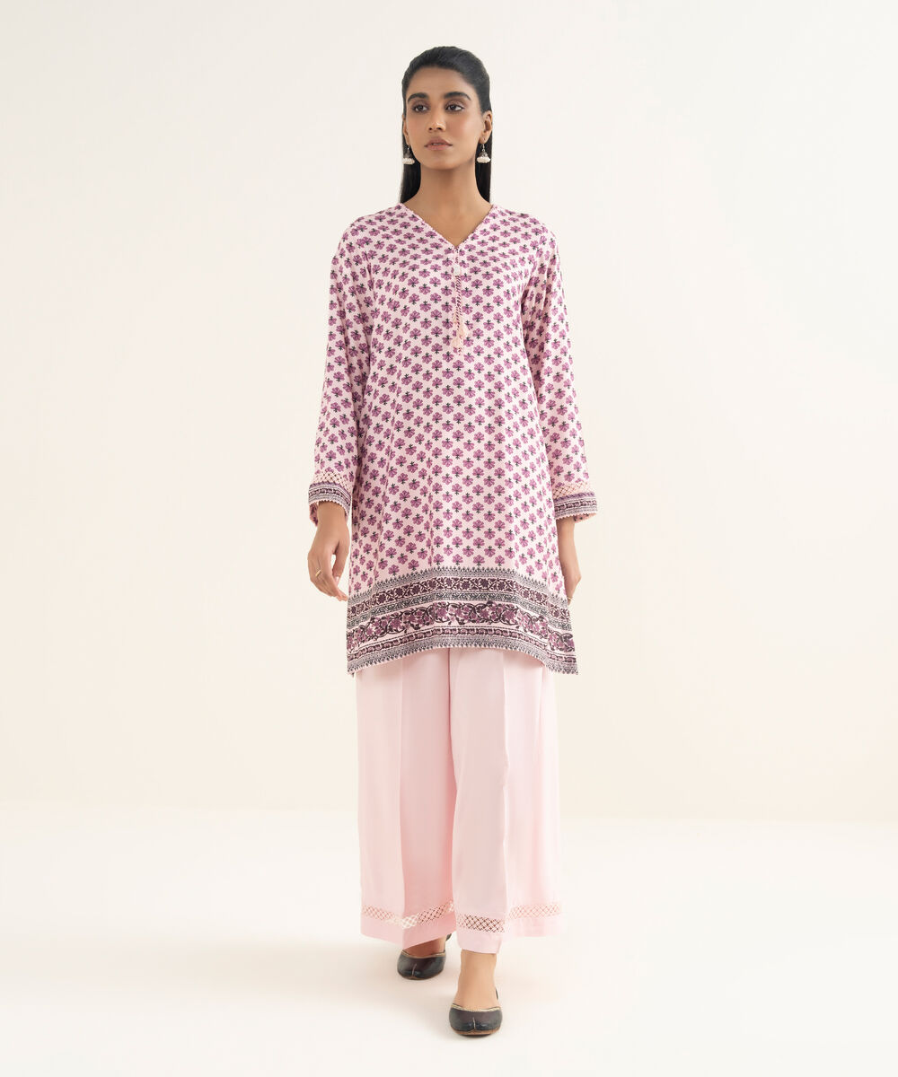 Women's RTW Linen Viscose Printed Pink A-Line Shirt