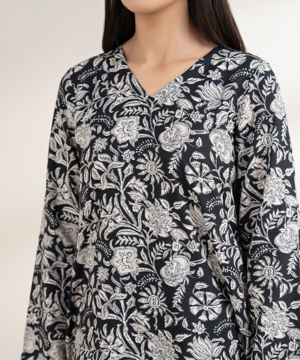Women's RTW Arabic Khaddar Printed Straight Black Shirt