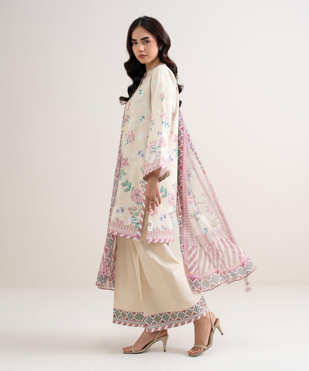 Women's Unstitched Lawn Printed Off White 3 Piece Suit