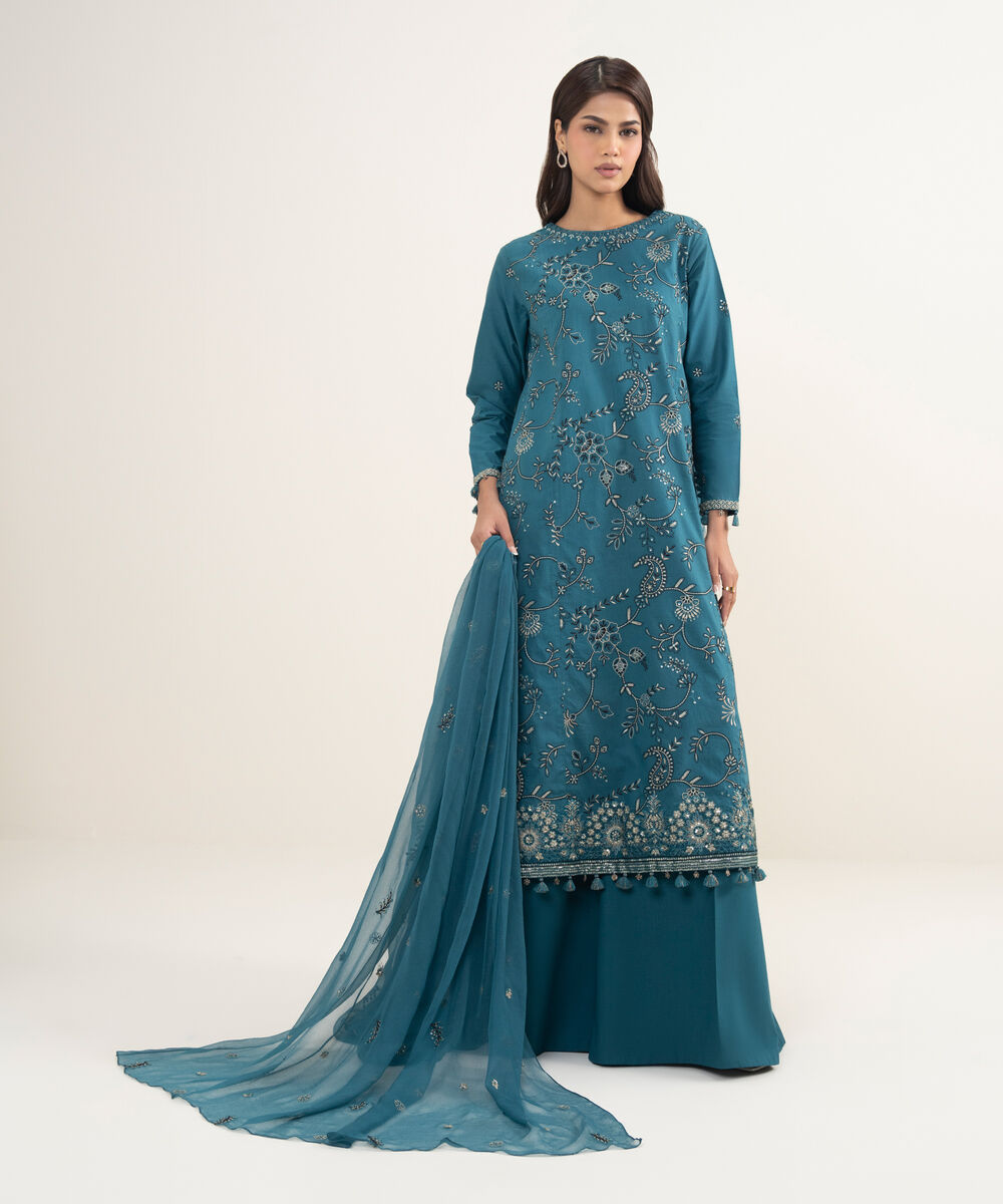 Women's Unstitched Textured Lawn Green Embroidered 3 Piece Suit