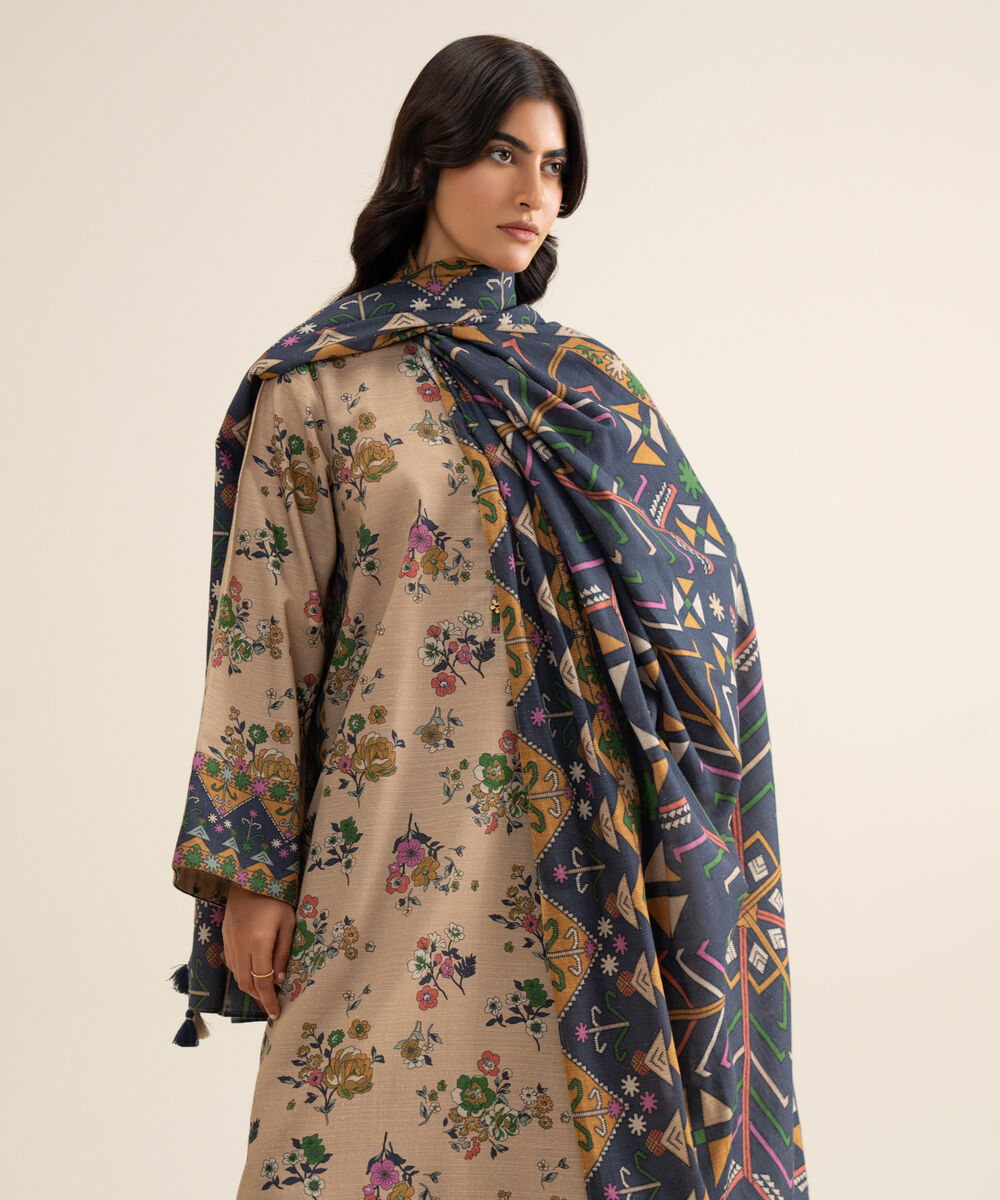 Women's Unstitched Premium Khaddar Printed Beige 3 Piece Suit