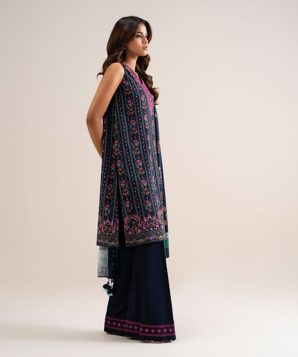 Women's Unstitched Printed Cotton Viscose Blue 3 Piece Suit
