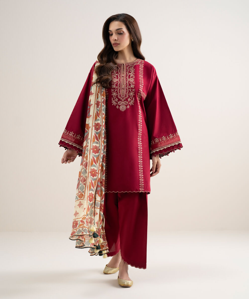 Women's Unstitched Lawn Embroidered Red 3 Piece Suit