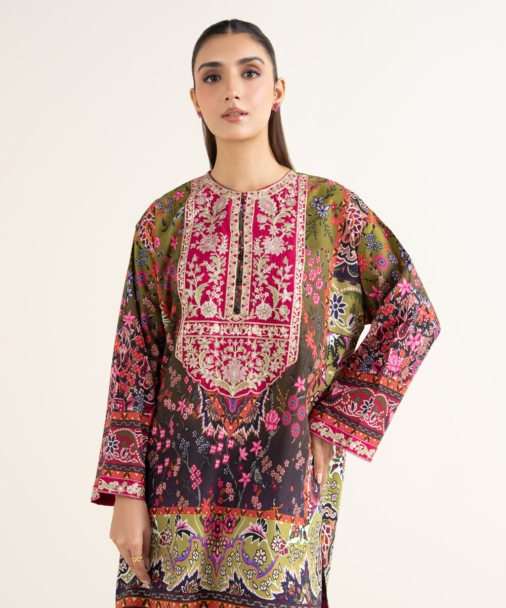 Women's RTW Linen Viscose Embroidered Green Drop Shoulder Shirt