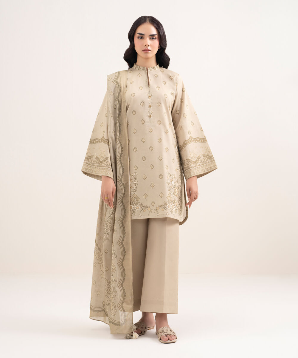 Women's Unstitched Lawn Printed Beige 3 Piece Suit