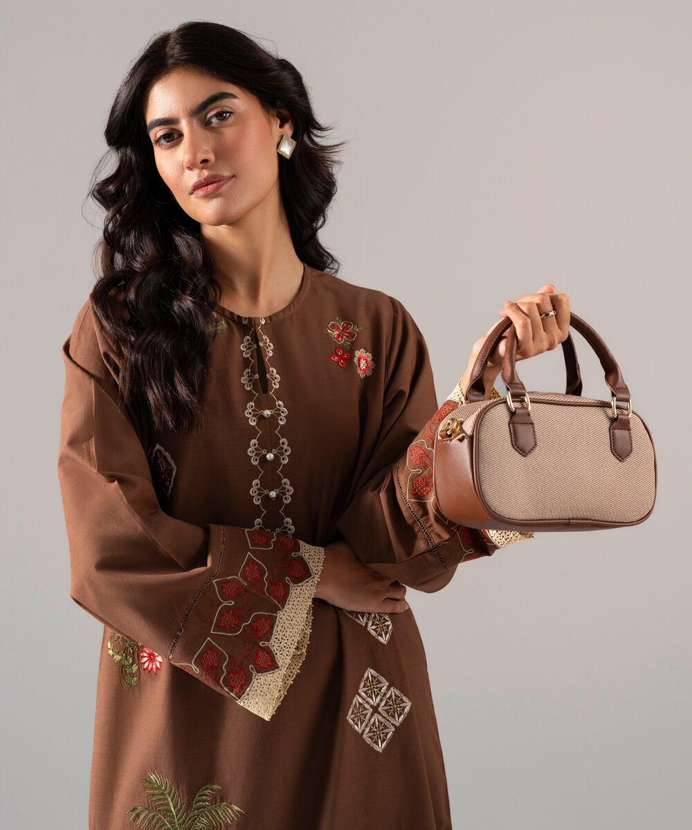 Women's RTW Solid Embroidered Brown Cotton Viscose Shirt
