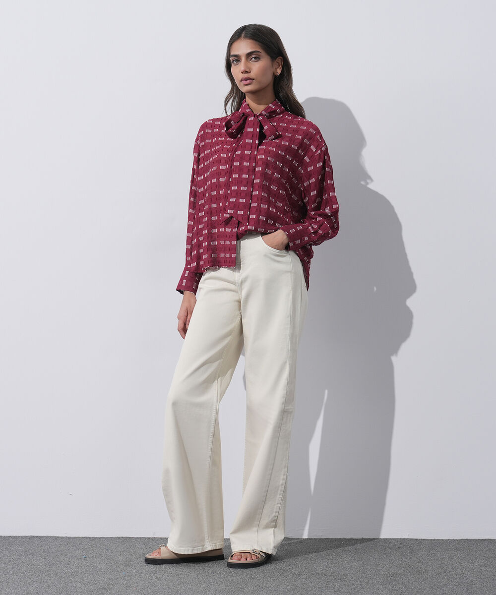 Women's Western Wear Red Textured Shirt With Knot Detail