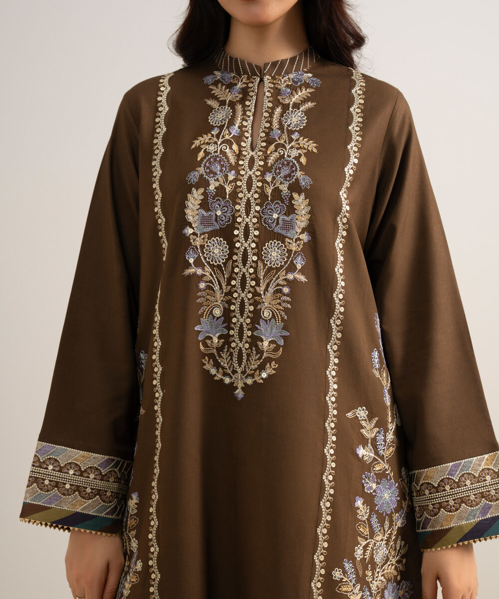 Women's Unstitched Embroidered Linen Brown 3 Piece Suit