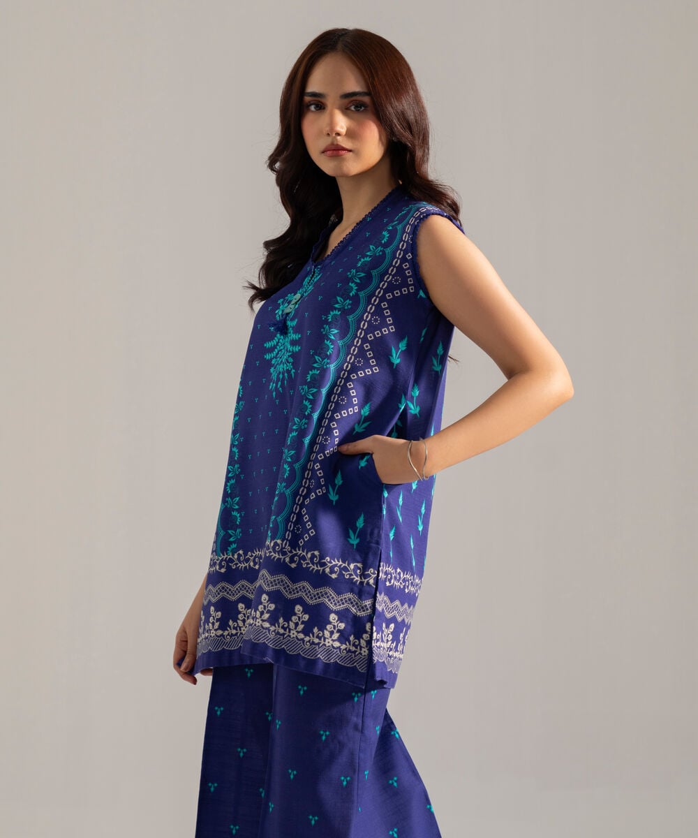 Women's RTW Printed Blue Khaddar Straight Shirt
