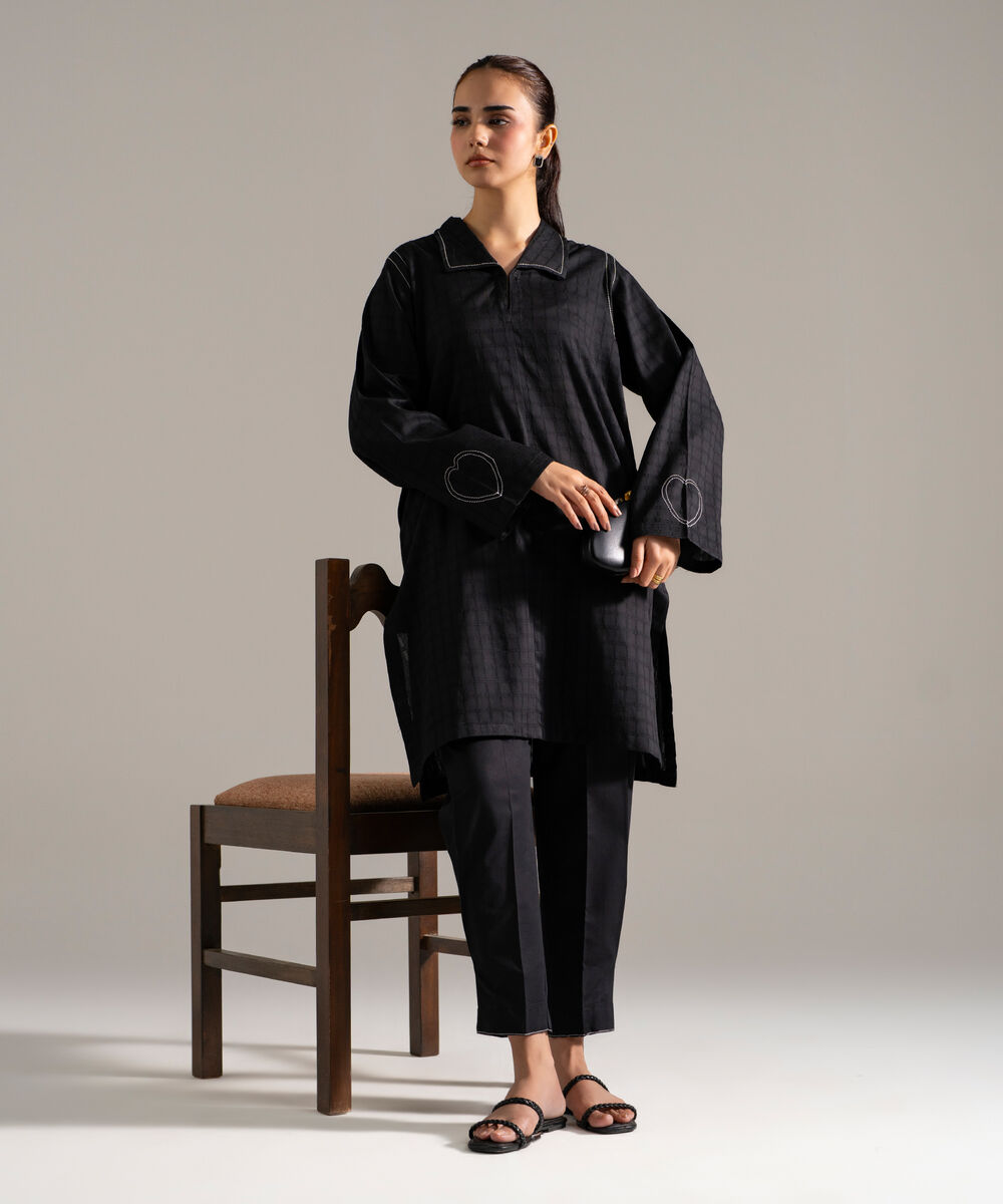 Women's RTW Dobby Printed Black Straight Shirt