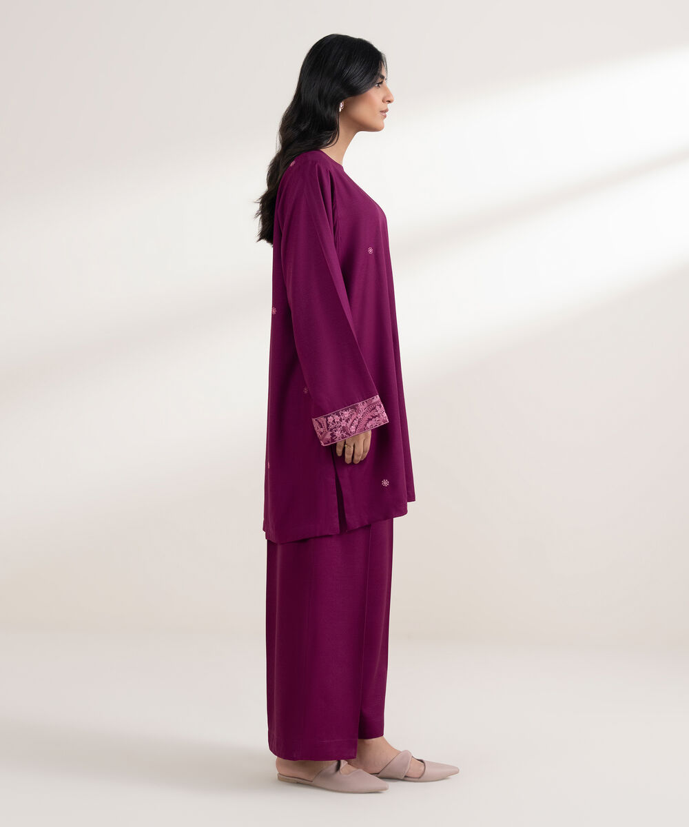 Women's RTW Arabic Khaddar Embroidered Magenta Straight Shirt