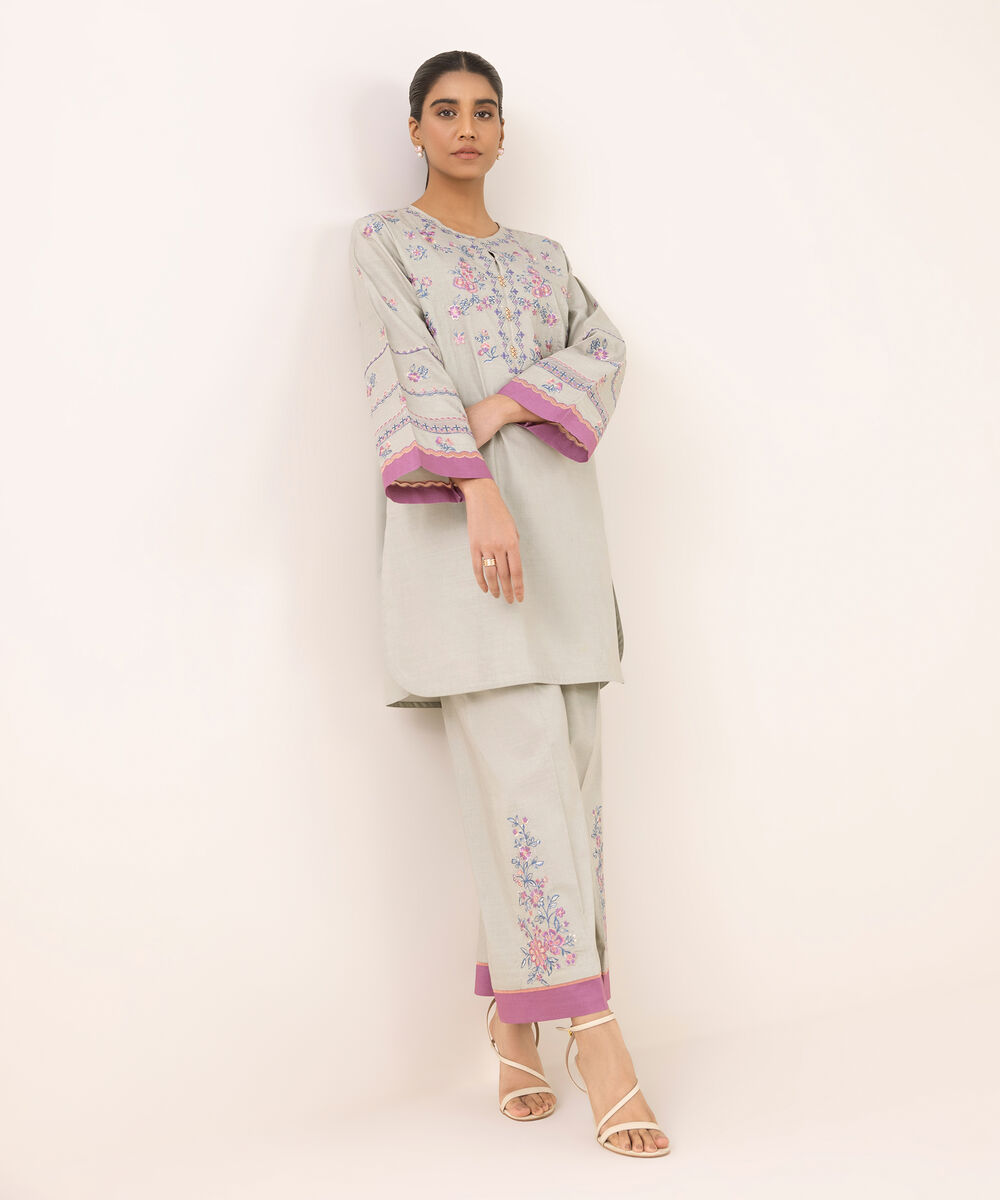 Women's Unstitched Cotton Embroidered Green Two Piece Suit