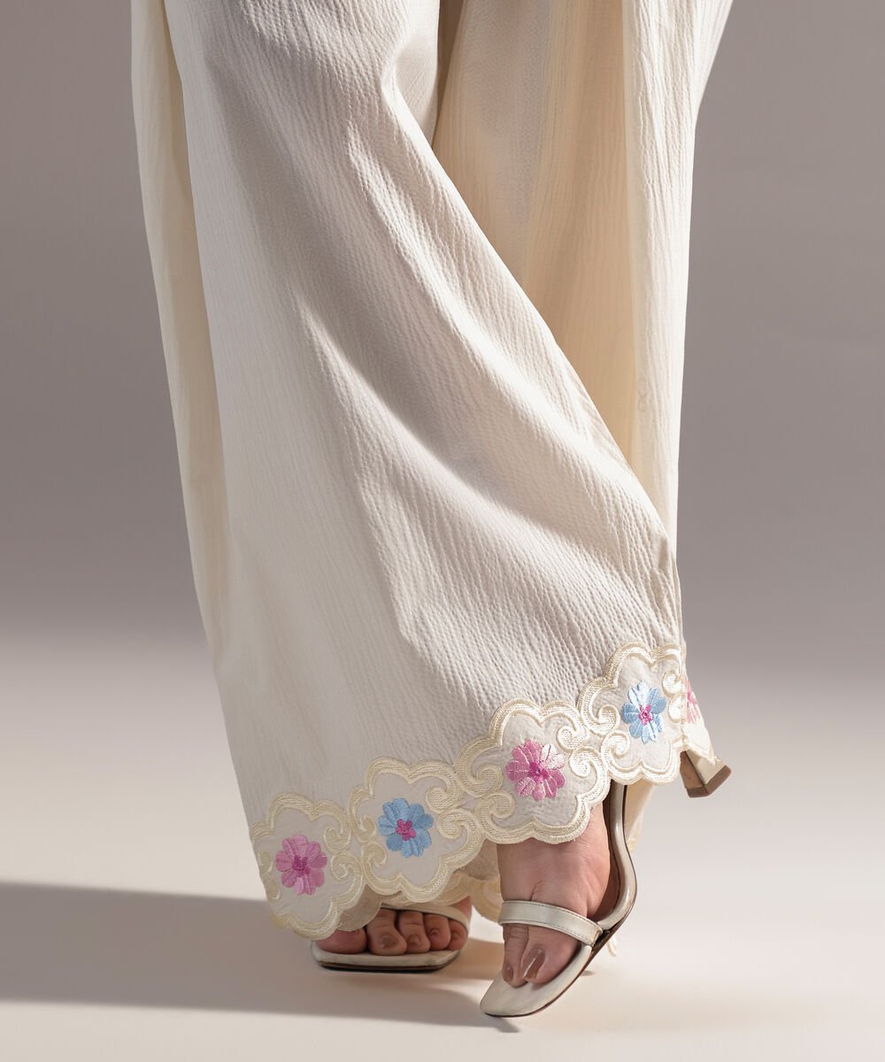 Women's RTW Seersucker Embroidered Off White Farshi Shalwar