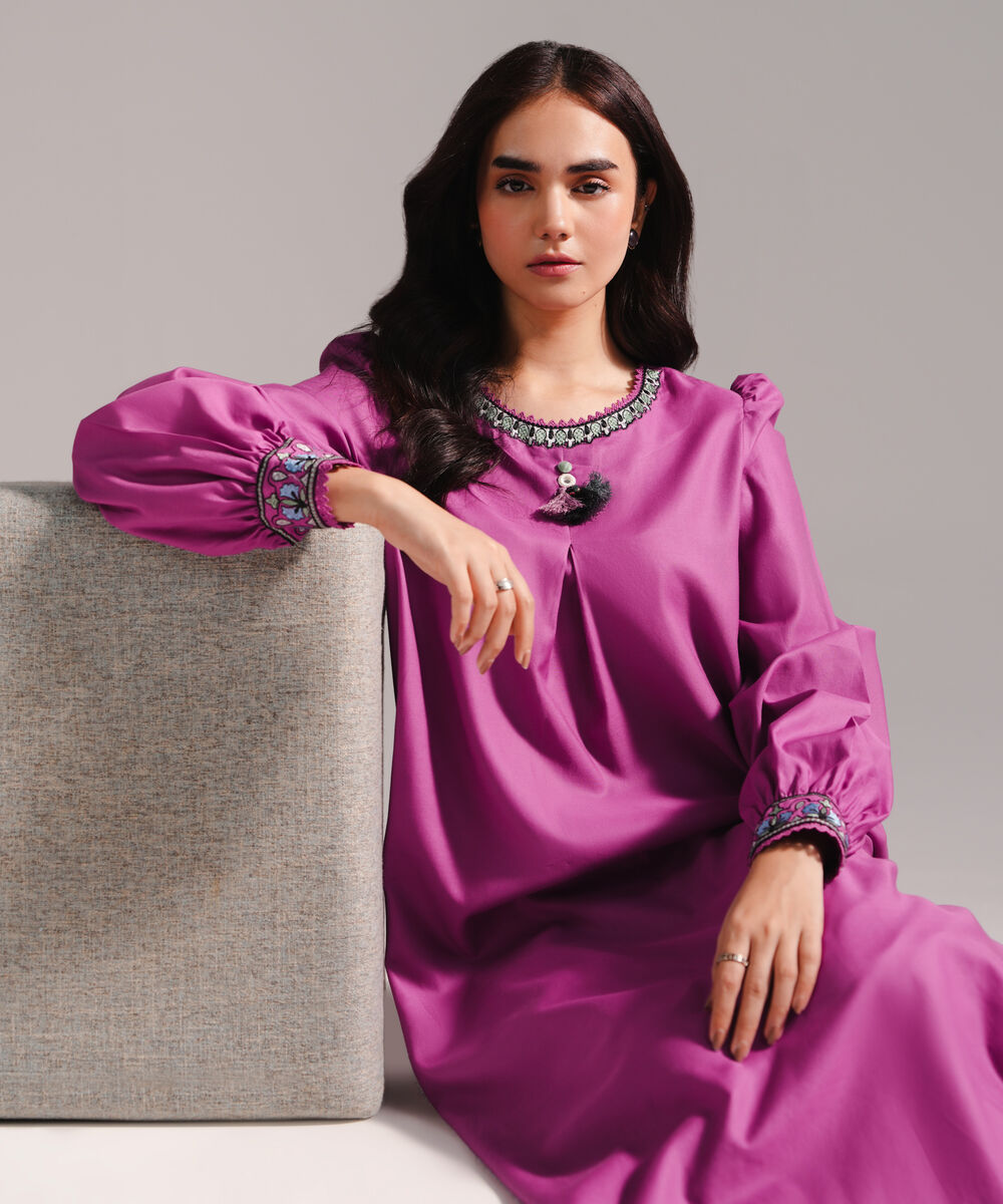 Women's RTW Cotton Satin Embroidered Purple 2 Piece Suit