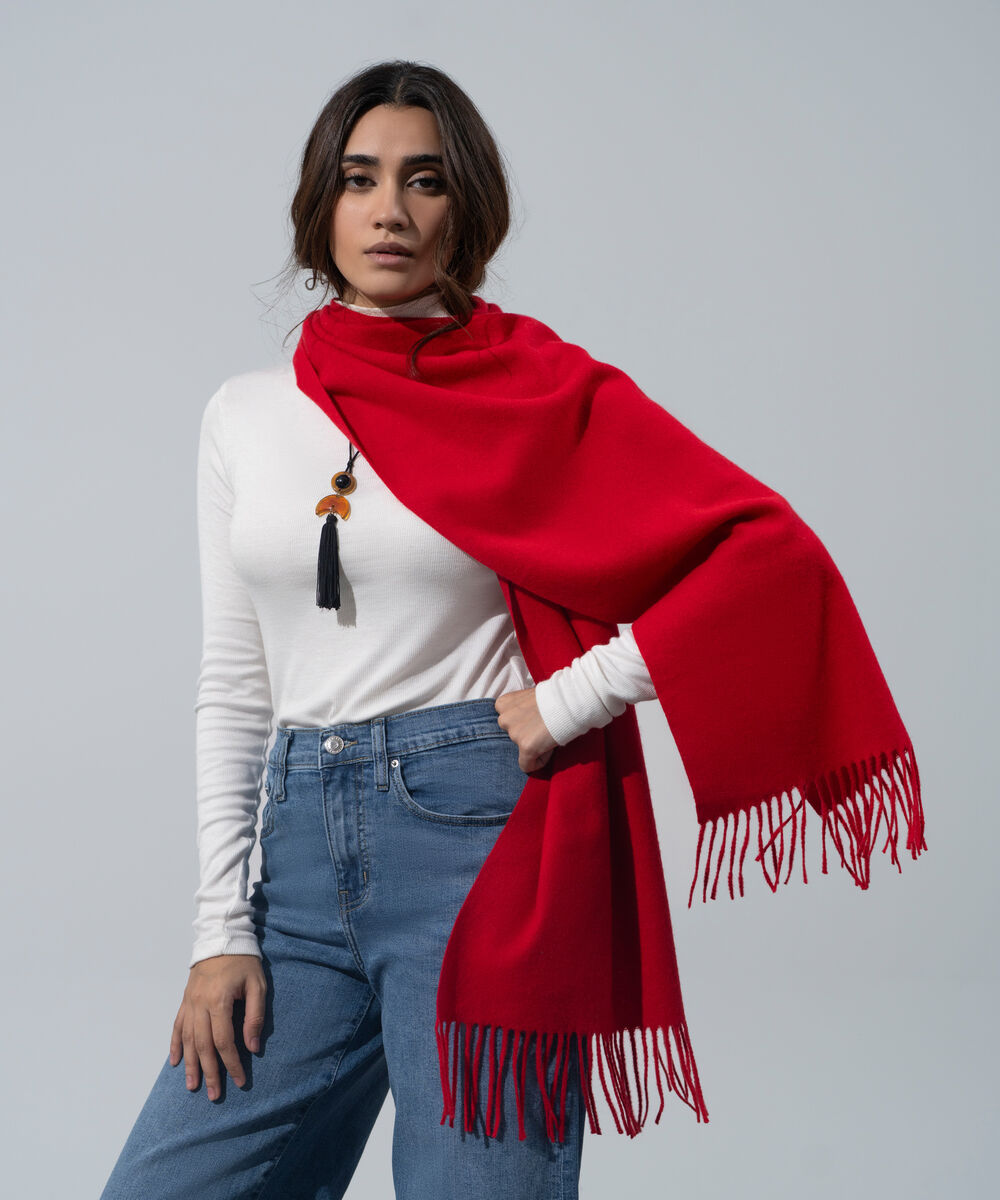 Women's Western Wear Red Polyester Solid Woolen Scarf
