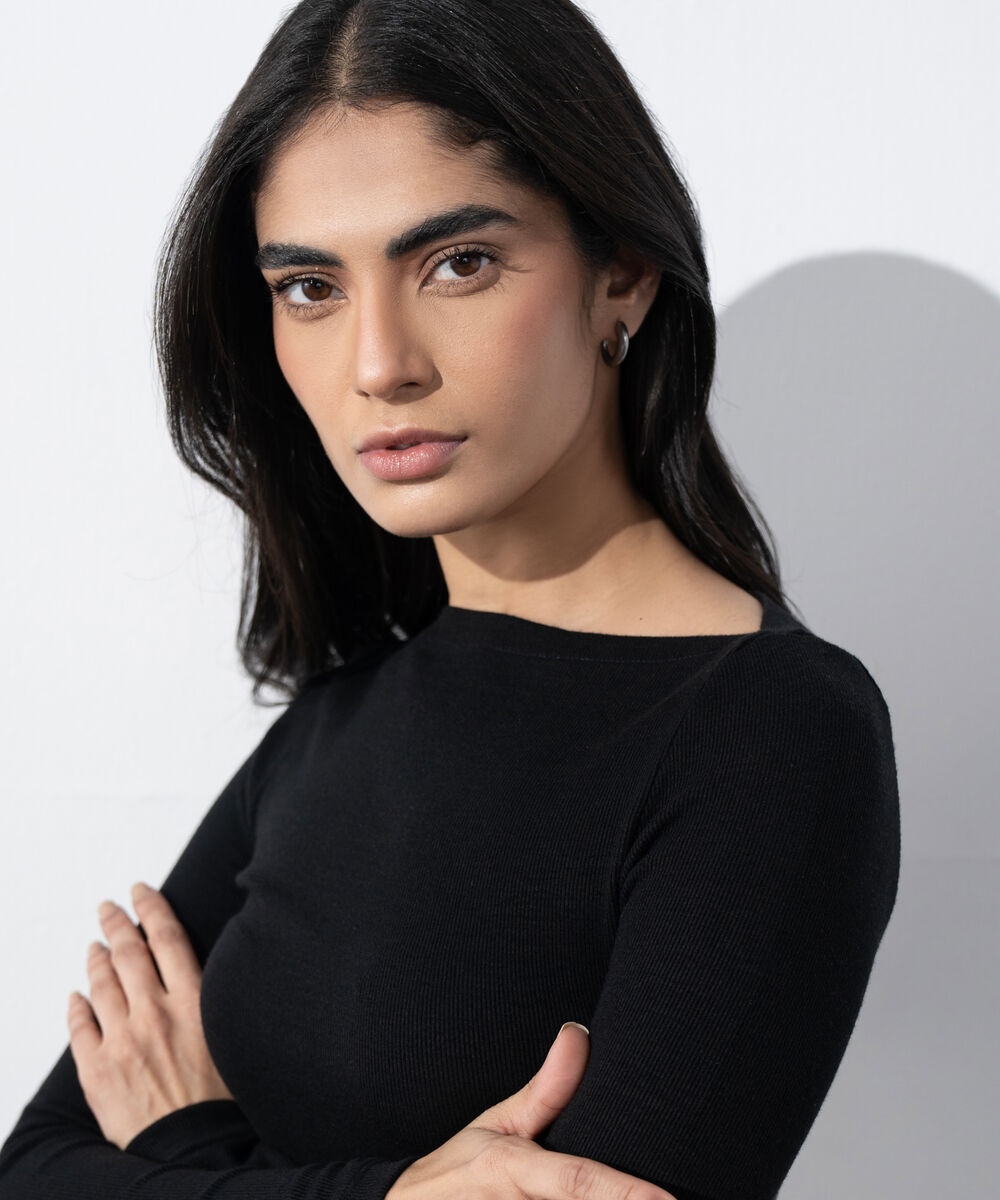 Women's Western Wear Black Slash Neck Rib Top