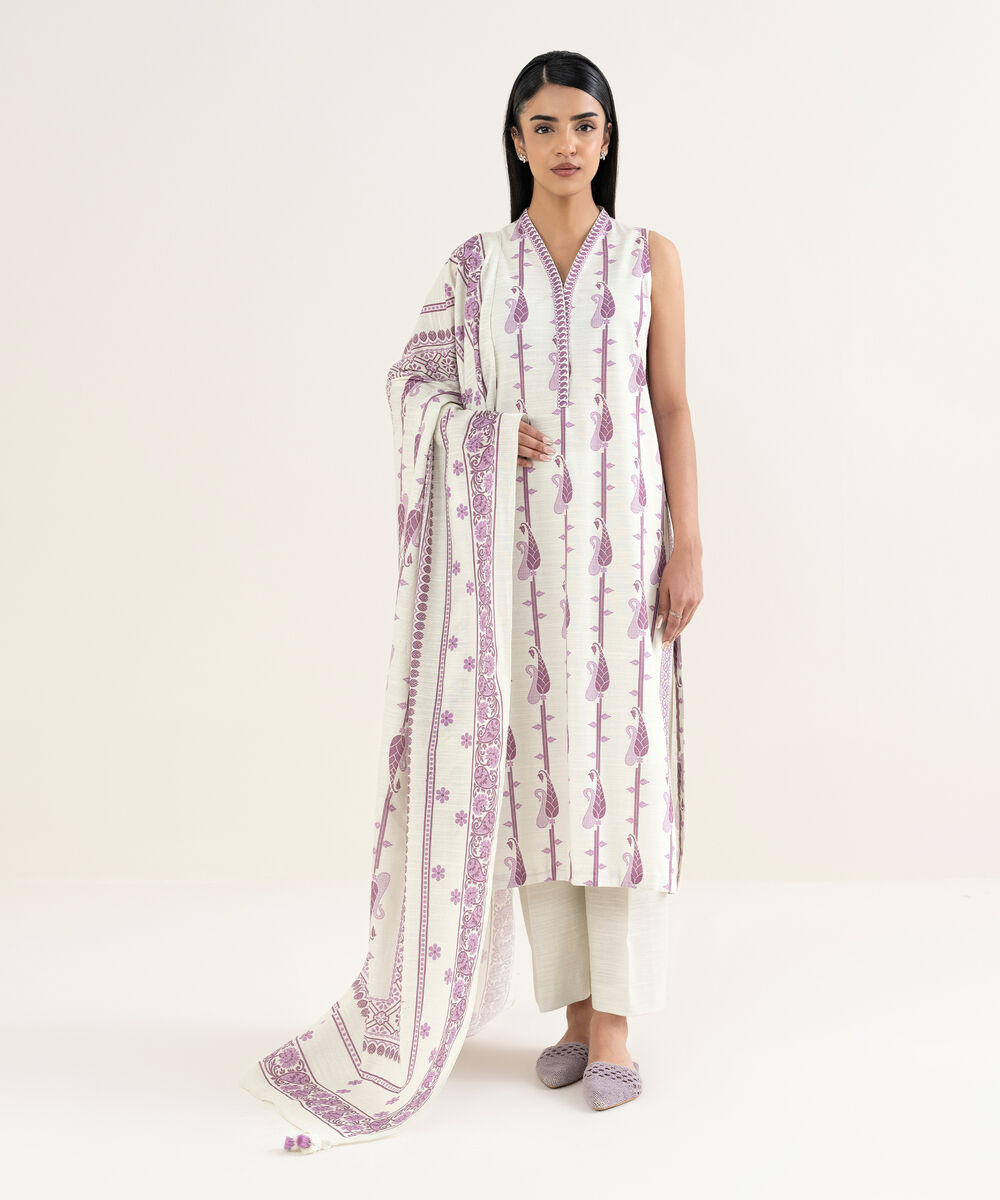 Women's Unstitched Printed Cotton Off White and Pink 3 Piece Suit