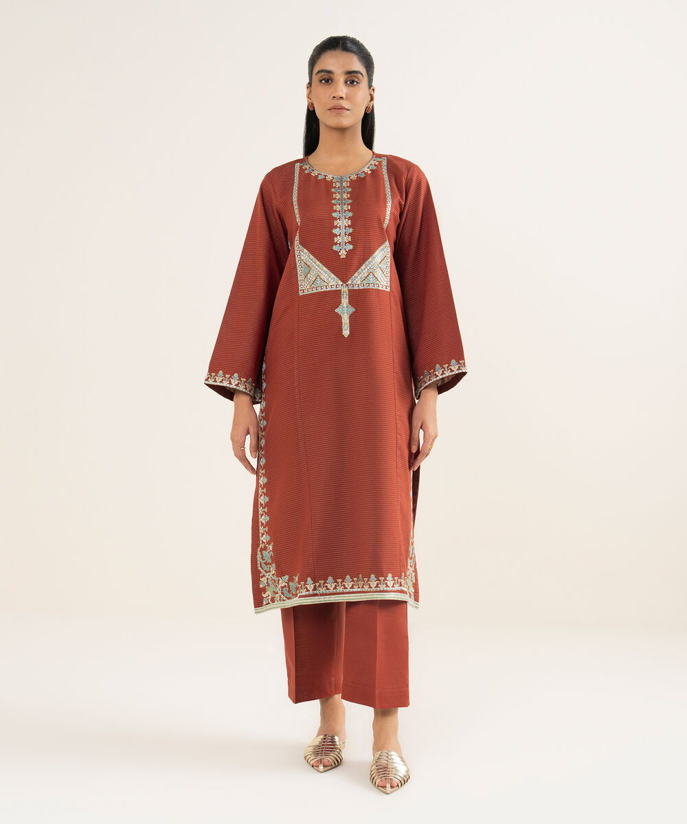Women's RTW Light Khaddar Embroidered A-Line Rust Shirt