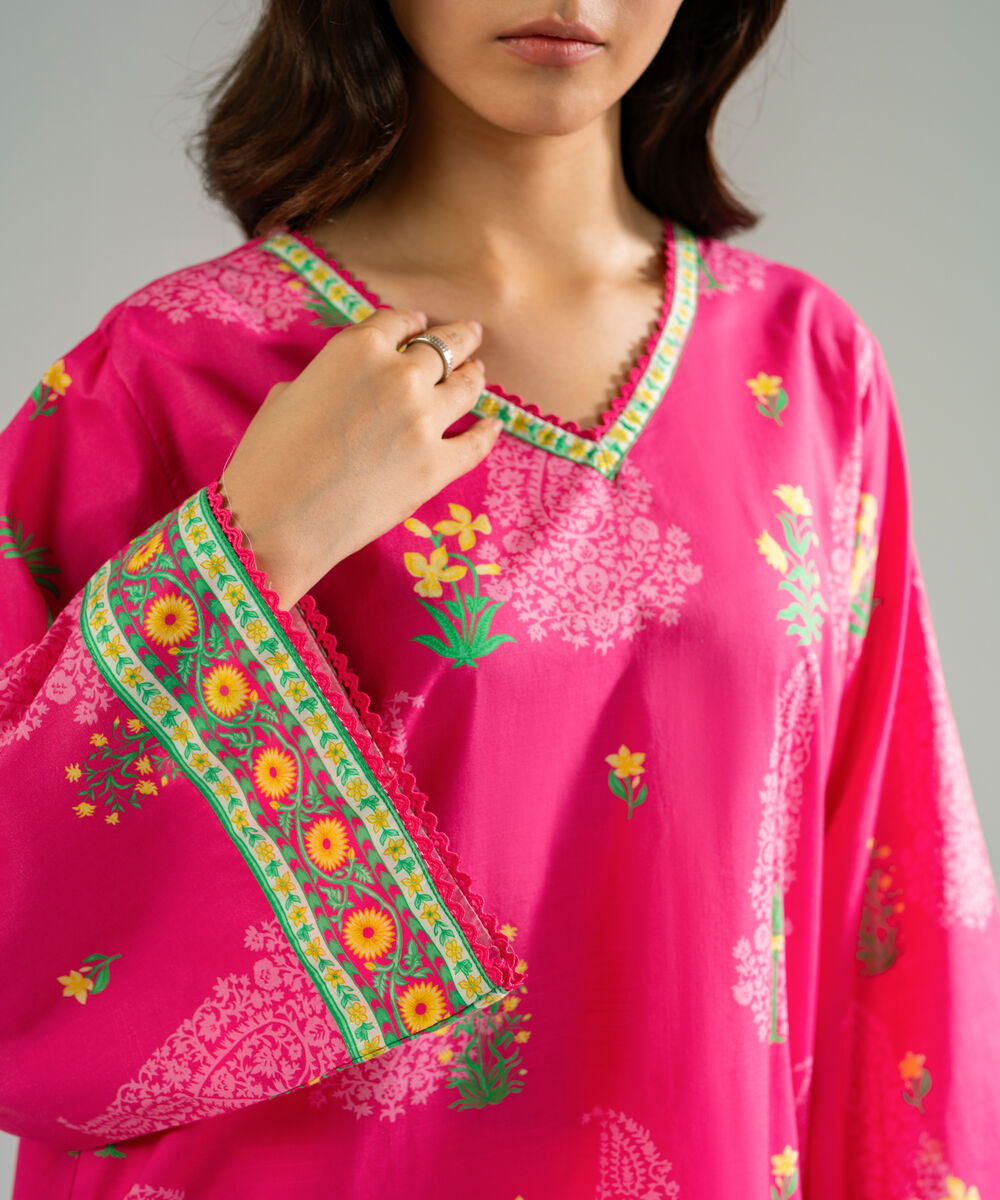 Women's RTW Slub Lawn Printed Pink Straight Shirt