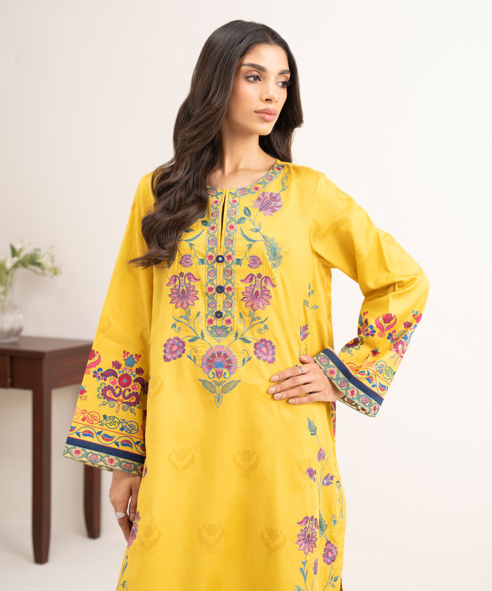 Women's RTW Cotton Satin Embroidered Yellow Straight Shirt